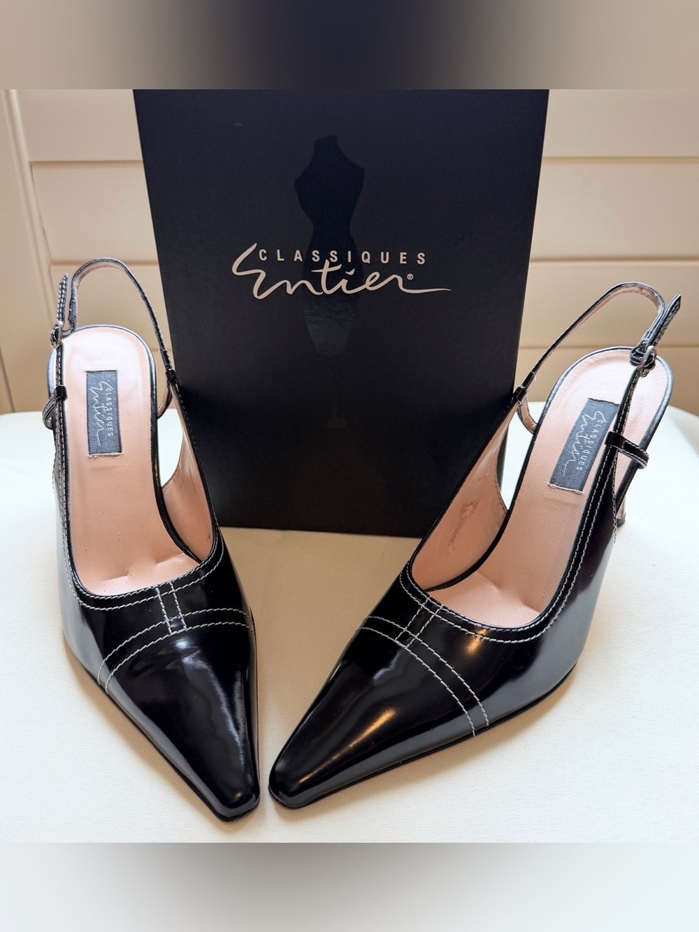 Vintage Classiques Entier Black Slingback Pumps Pointed Toe Contrast Stitch 8N